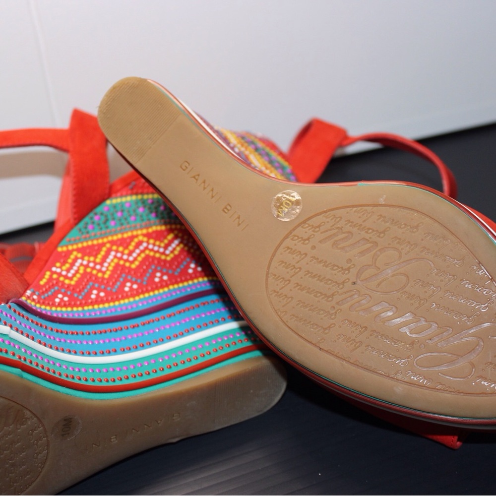 Red With Multi Color Platform Heel Sandals - image 6